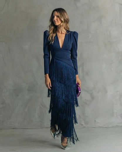 Elegant Fringe Midi Dress for Women, Flowy Sophisticated Style — photo 6
