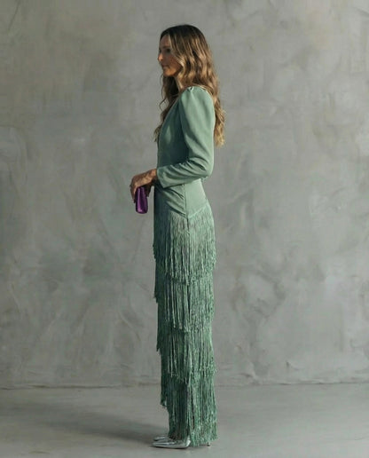 Elegant Fringe Midi Dress for Women, Flowy Sophisticated Style — photo 3