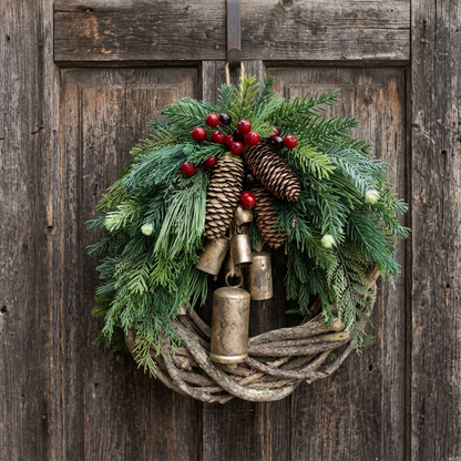 Farmhouse Christmas Wreath Boho Rustic Vine Wreath with Pinecones Berries and Golden Bells 17 Inch — photo 1