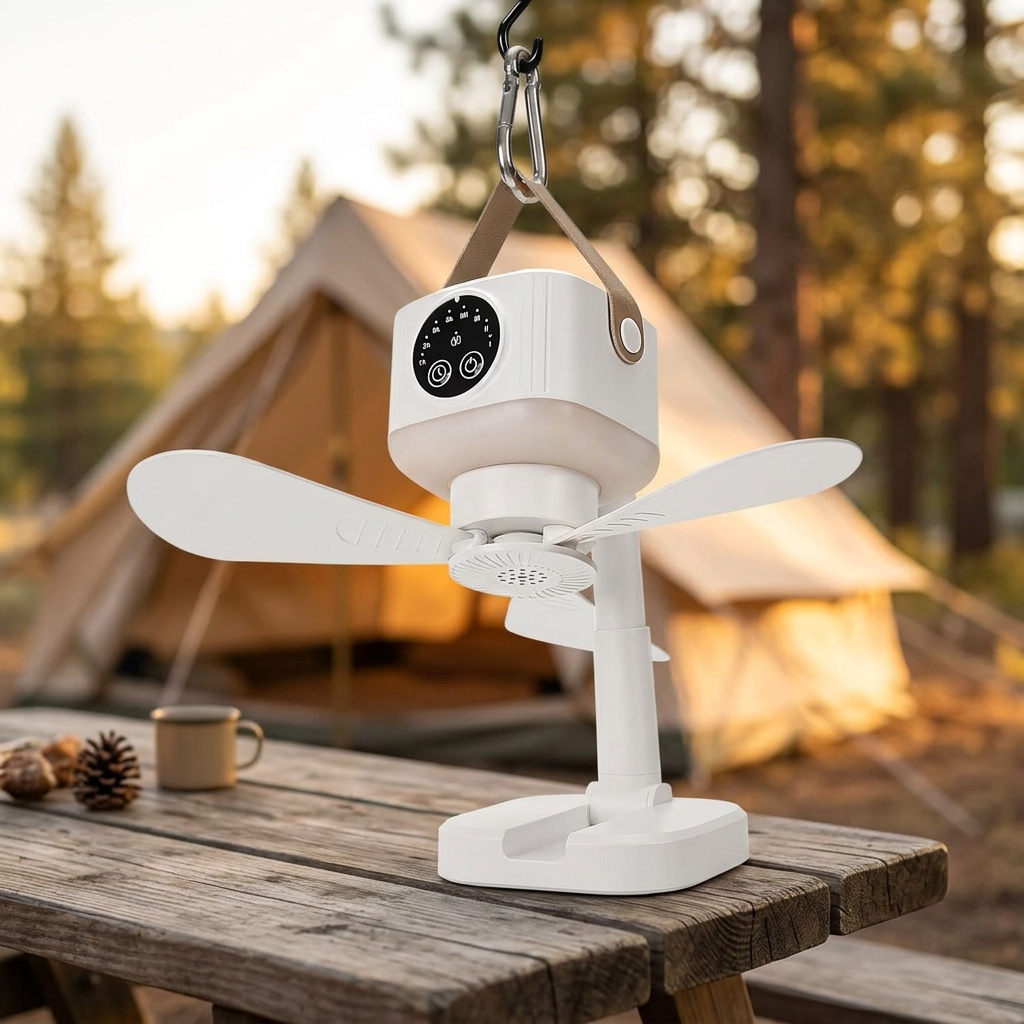 Rechargeable Camping Fan with LED Lantern, Remote Control, 3 Speeds and Timer, Hanging Tent Fan — photo 1
