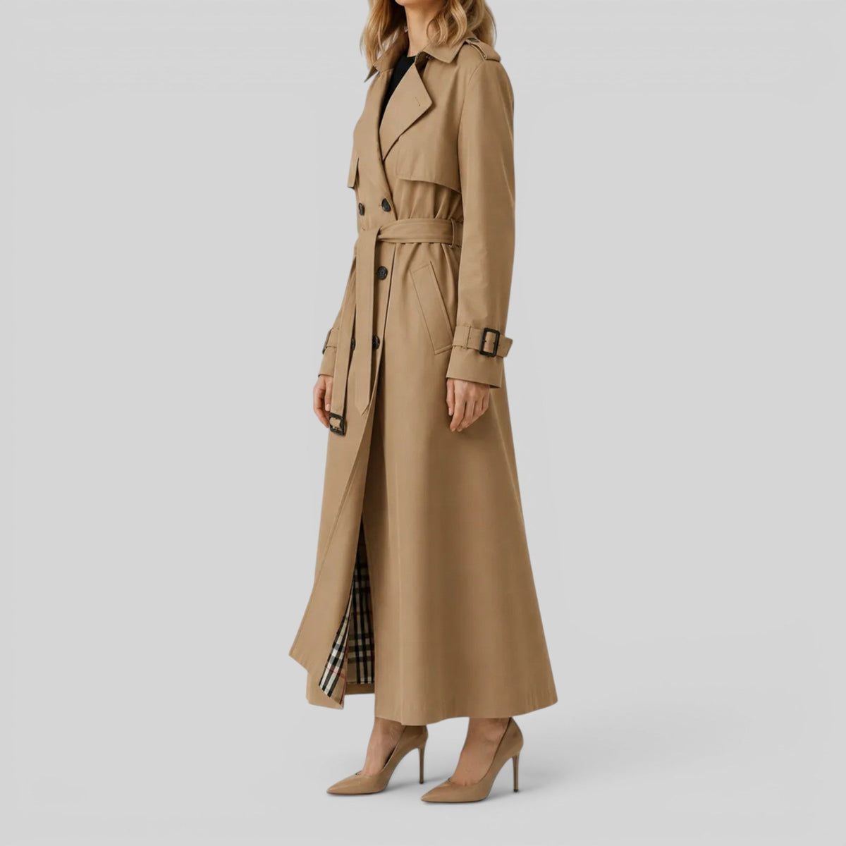 Double Breasted Belted Maxi Trench Coat with Storm Flap — photo 10