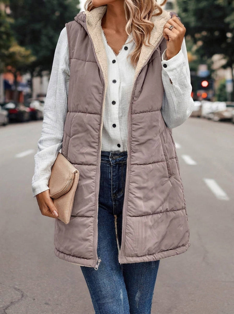 Karen | Chic Long Hooded Puffer Jacket Vest with Sherpa Lining — photo 1