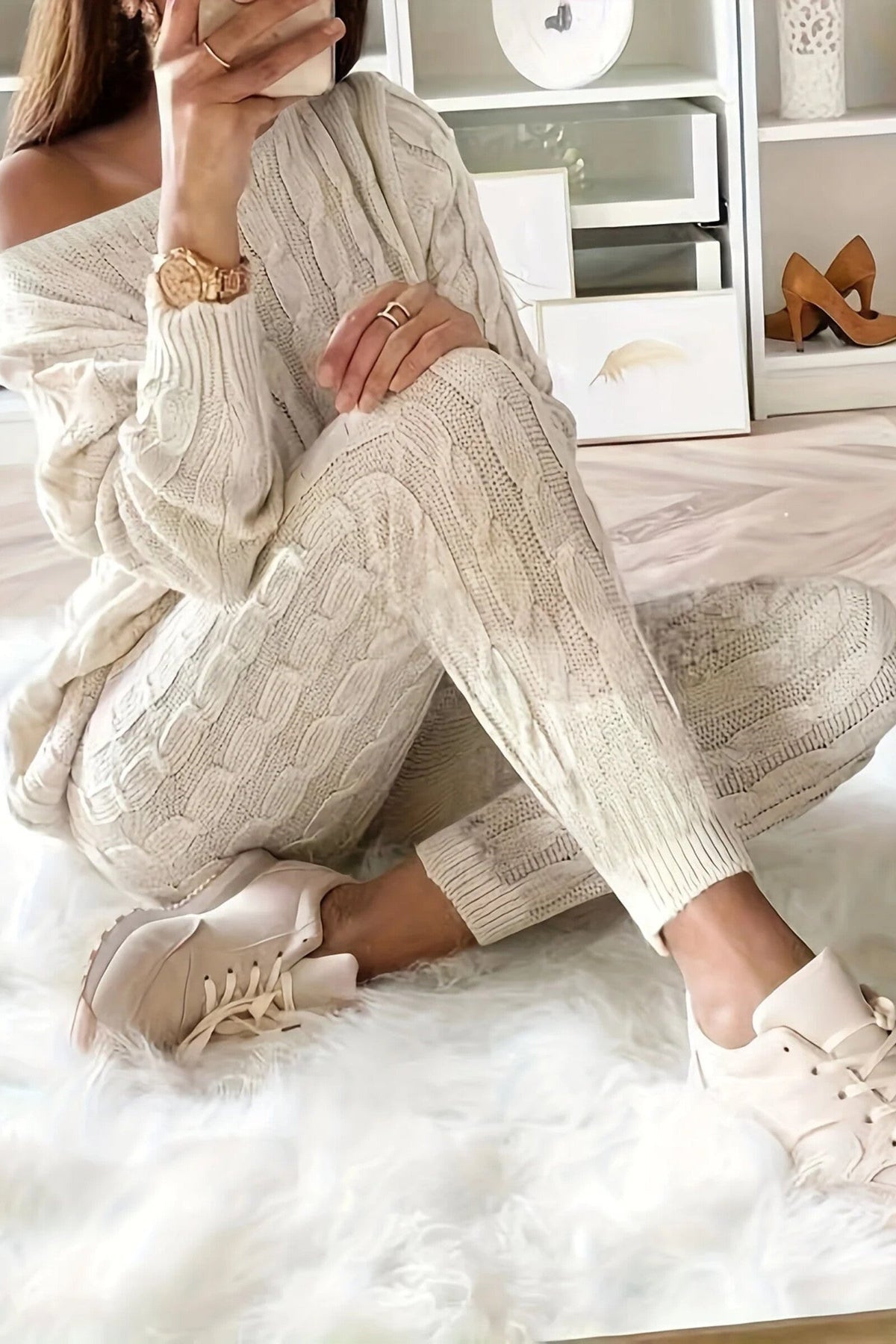 Loungewear Set for Women - Cable Knit Jumper with Off-Shoulder — photo 1