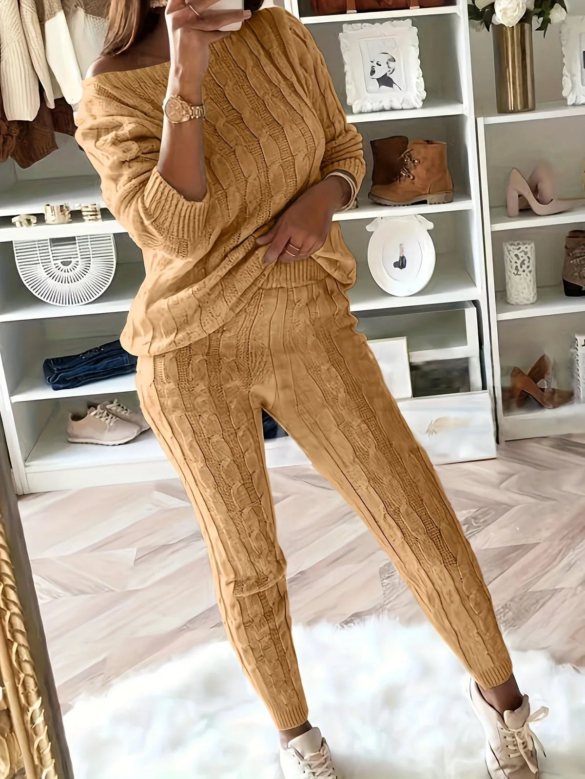 Loungewear Set for Women - Cable Knit Jumper with Off-Shoulder — photo 2