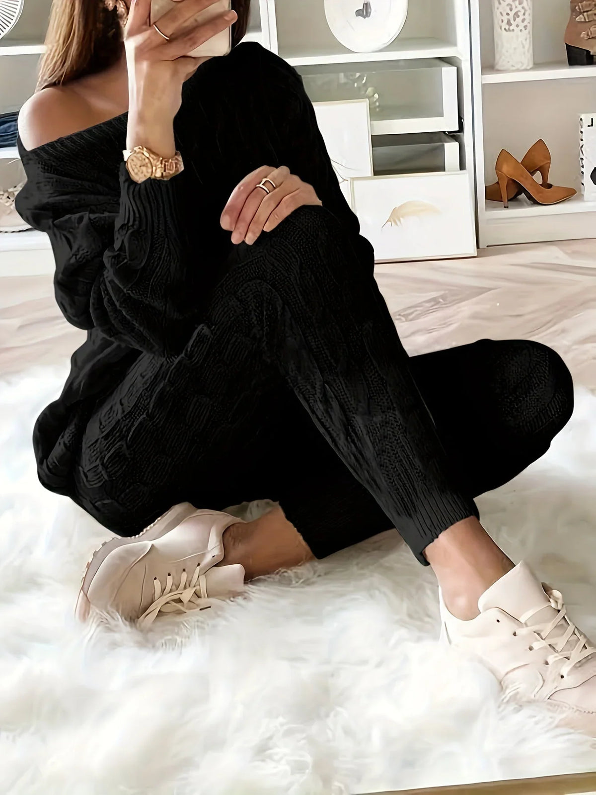 Loungewear Set for Women - Cable Knit Jumper with Off-Shoulder — photo 4