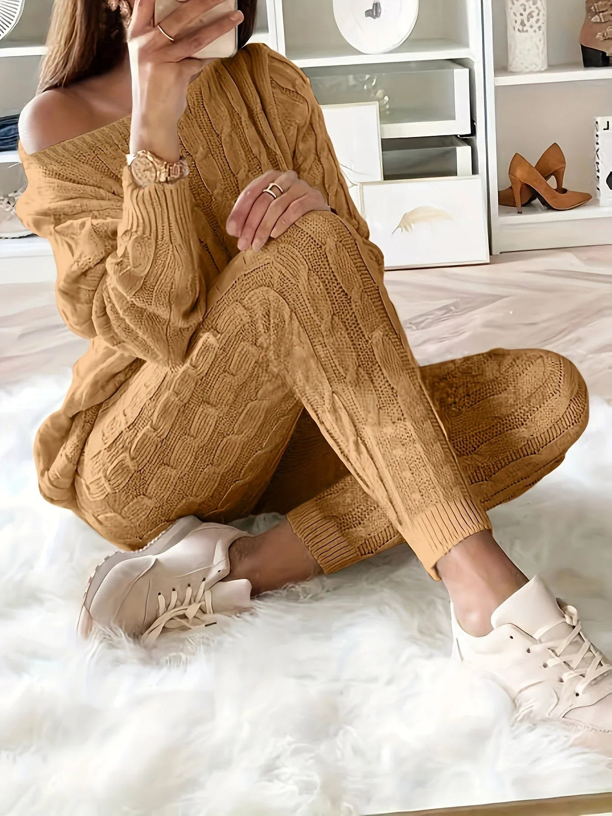 Loungewear Set for Women - Cable Knit Jumper with Off-Shoulder — photo 7