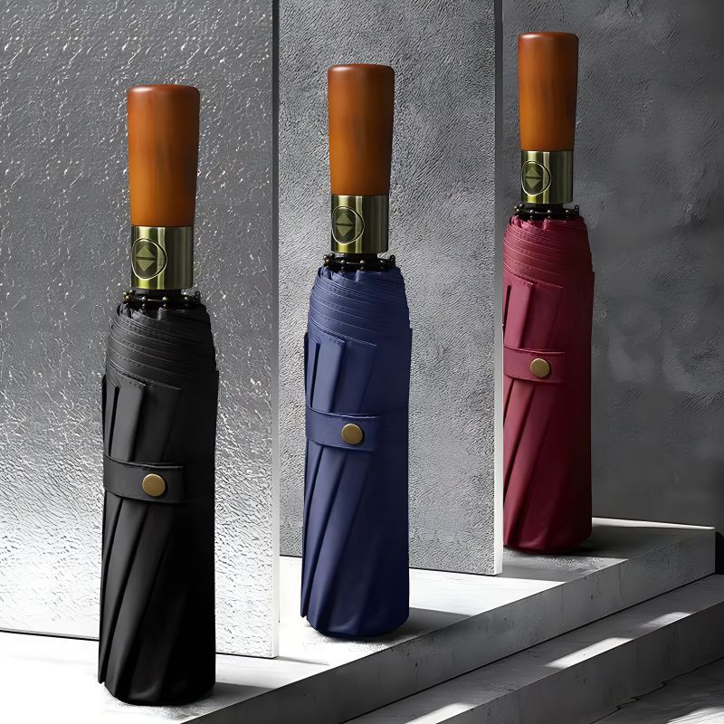 Automatic Folding Umbrella with Wooden Handle – Windproof Large Canopy Rain Umbrella, Black, Navy or Red — photo 3
