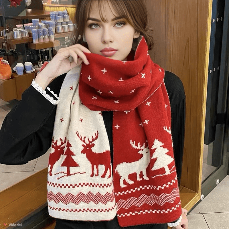 Women's Reversible Christmas Scarf | Deer and Elk Knit Pattern | Soft Wool Feel Winter Wrap for Festive and Daily Use — photo 2
