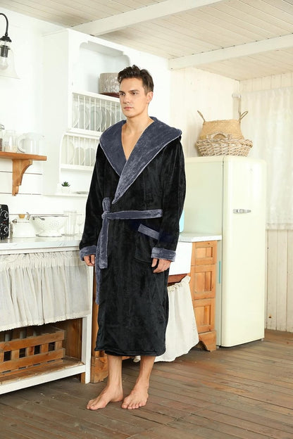 Men's Fleece Robe with Hood – Soft Two-Tone Hooded Bathrobe with Pockets & Belt, Machine Washable, S–3XL – Calico — photo 8