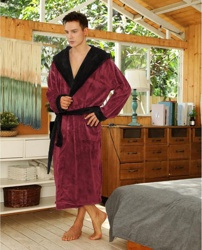 Men's Fleece Robe with Hood – Soft Two-Tone Hooded Bathrobe with Pockets & Belt, Machine Washable, S–3XL – Calico — photo 18