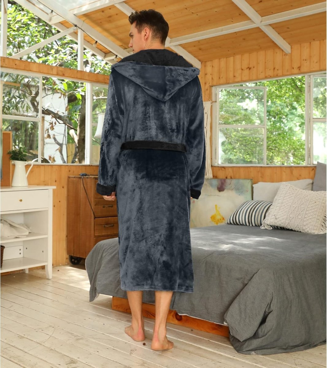 Men's Fleece Robe with Hood – Soft Two-Tone Hooded Bathrobe with Pockets & Belt, Machine Washable, S–3XL – Calico — photo 28