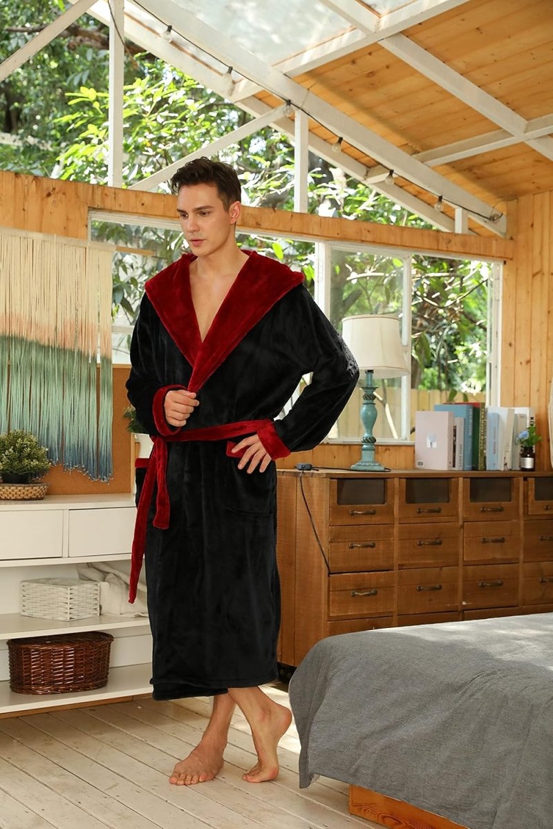 Men's Fleece Robe with Hood – Soft Two-Tone Hooded Bathrobe with Pockets & Belt, Machine Washable, S–3XL – Calico — photo 26