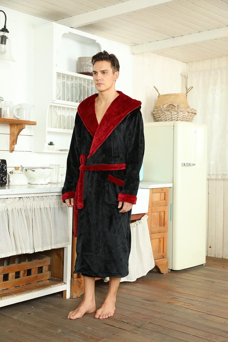 Men's Fleece Robe with Hood – Soft Two-Tone Hooded Bathrobe with Pockets & Belt, Machine Washable, S–3XL – Calico — photo 24