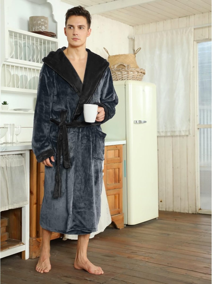 Men's Fleece Robe with Hood – Soft Two-Tone Hooded Bathrobe with Pockets & Belt, Machine Washable, S–3XL – Calico — photo 30