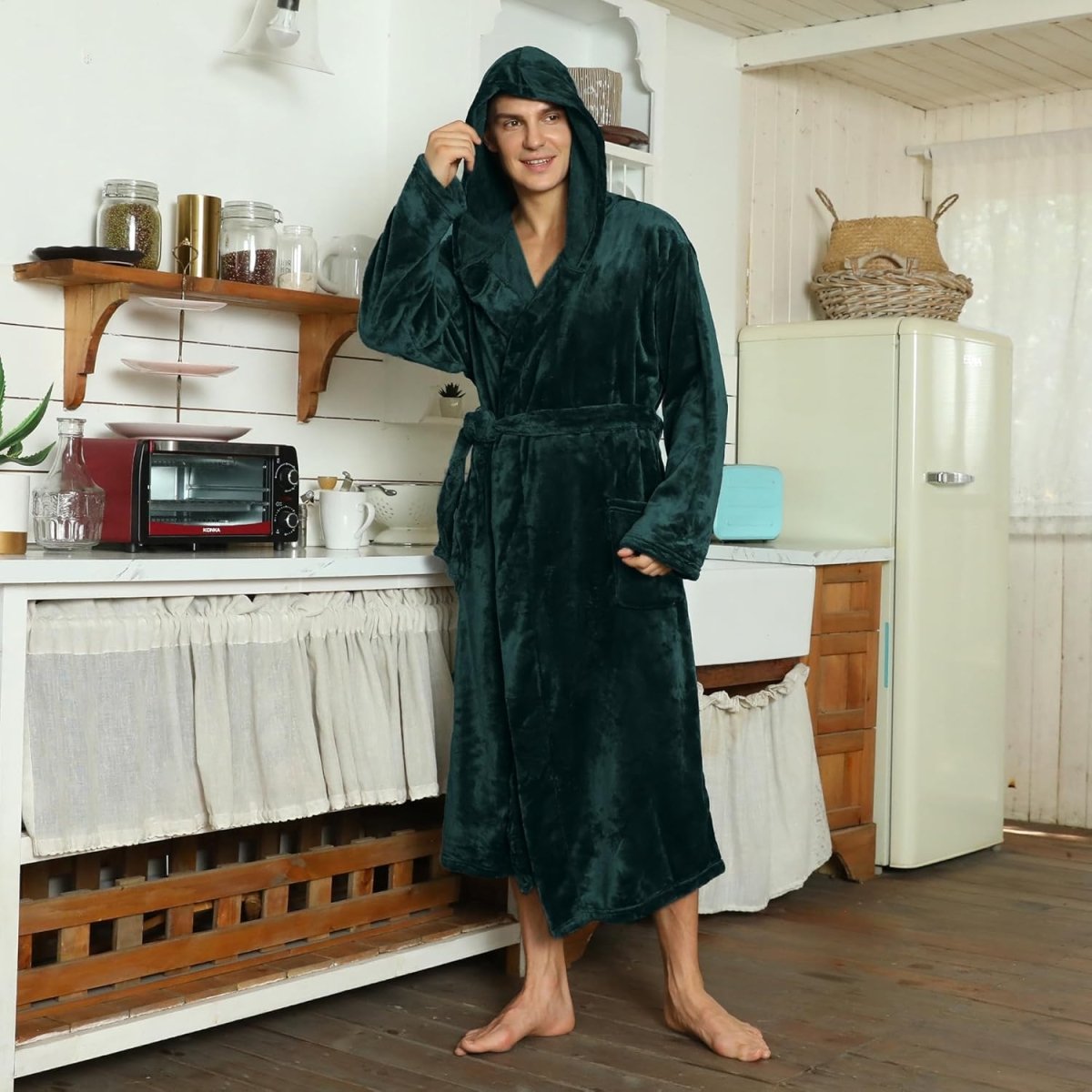 Men's Fleece Robe with Hood – Soft Two-Tone Hooded Bathrobe with Pockets & Belt, Machine Washable, S–3XL – Calico — photo 5