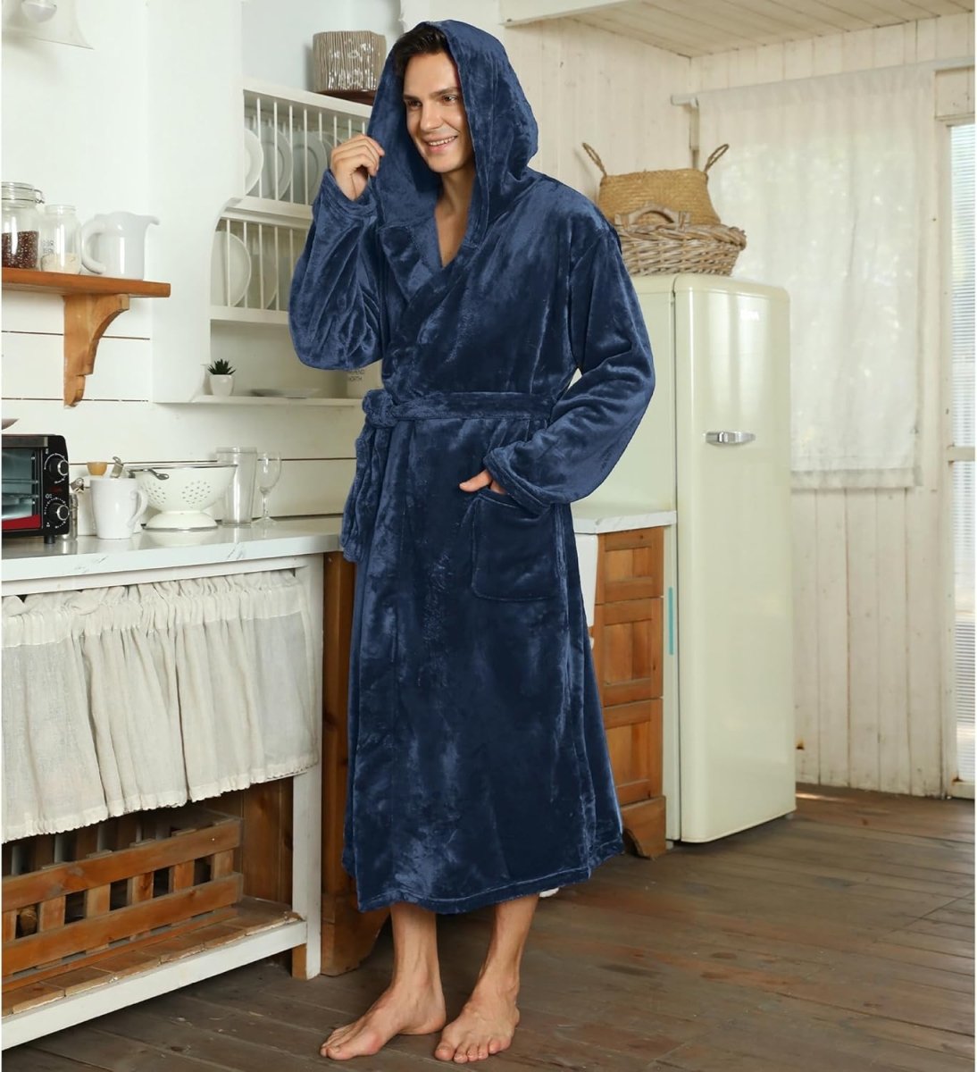 Men's Fleece Robe with Hood – Soft Two-Tone Hooded Bathrobe with Pockets & Belt, Machine Washable, S–3XL – Calico — photo 12