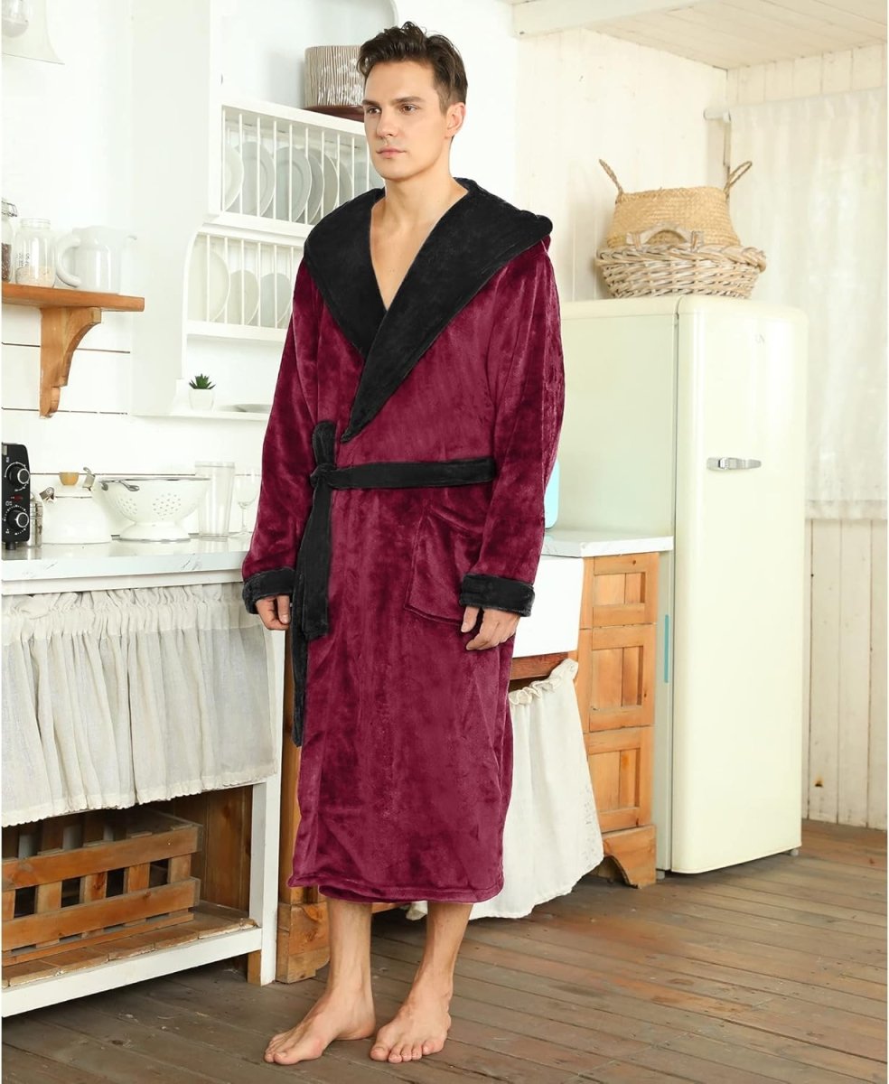 Men's Fleece Robe with Hood – Soft Two-Tone Hooded Bathrobe with Pockets & Belt, Machine Washable, S–3XL – Calico — photo 16