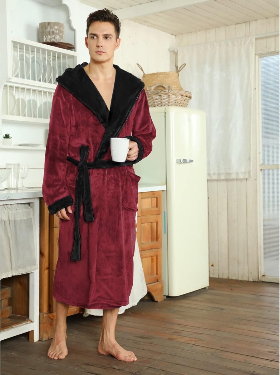 Men's Fleece Robe with Hood – Soft Two-Tone Hooded Bathrobe with Pockets & Belt, Machine Washable, S–3XL – Calico — photo 17