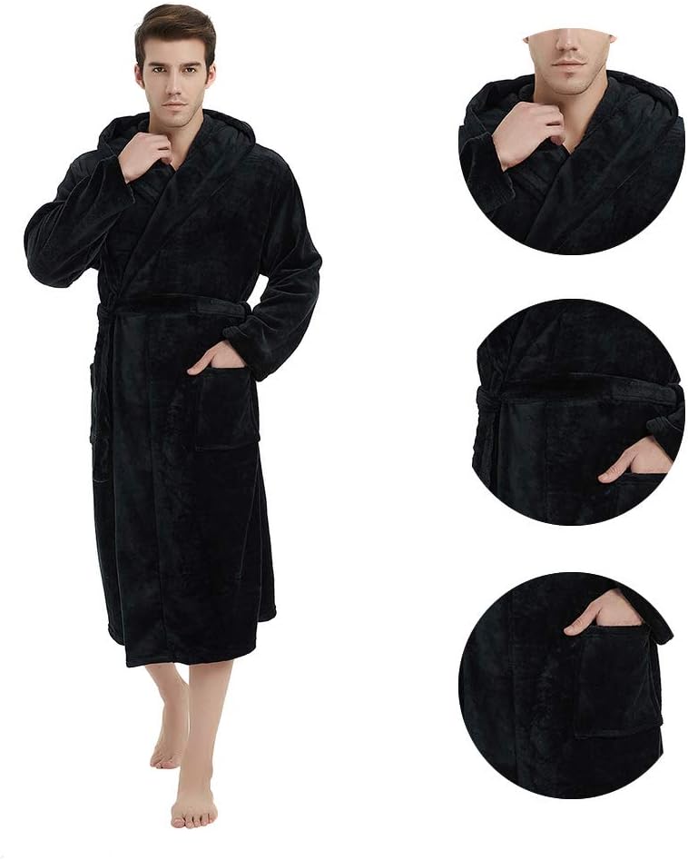 Men's Fleece Robe with Hood – Soft Two-Tone Hooded Bathrobe with Pockets & Belt, Machine Washable, S–3XL – Calico — photo 34