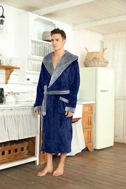 Men's Fleece Robe with Hood – Soft Two-Tone Hooded Bathrobe with Pockets & Belt, Machine Washable, S–3XL – Calico — photo 42