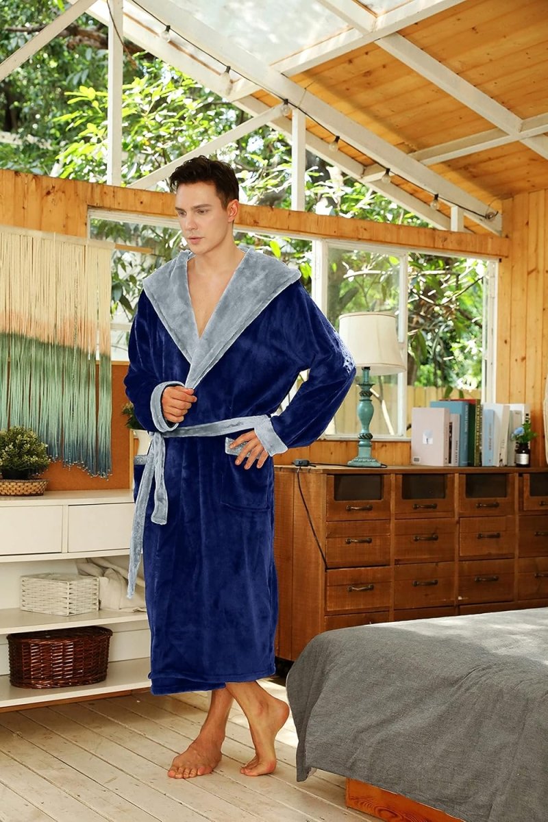 Men's Fleece Robe with Hood – Soft Two-Tone Hooded Bathrobe with Pockets & Belt, Machine Washable, S–3XL – Calico — photo 44