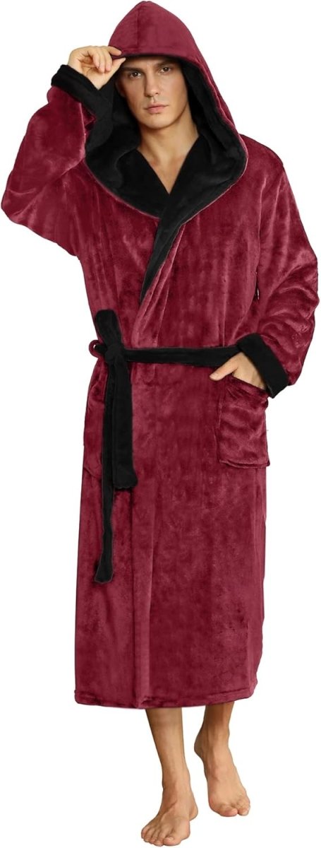 Men's Fleece Robe with Hood – Soft Two-Tone Hooded Bathrobe with Pockets & Belt, Machine Washable, S–3XL – Calico — photo 14