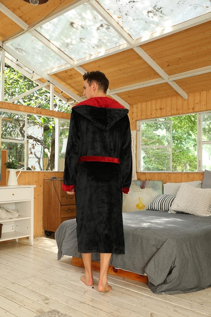 Men's Fleece Robe with Hood – Soft Two-Tone Hooded Bathrobe with Pockets & Belt, Machine Washable, S–3XL – Calico — photo 23
