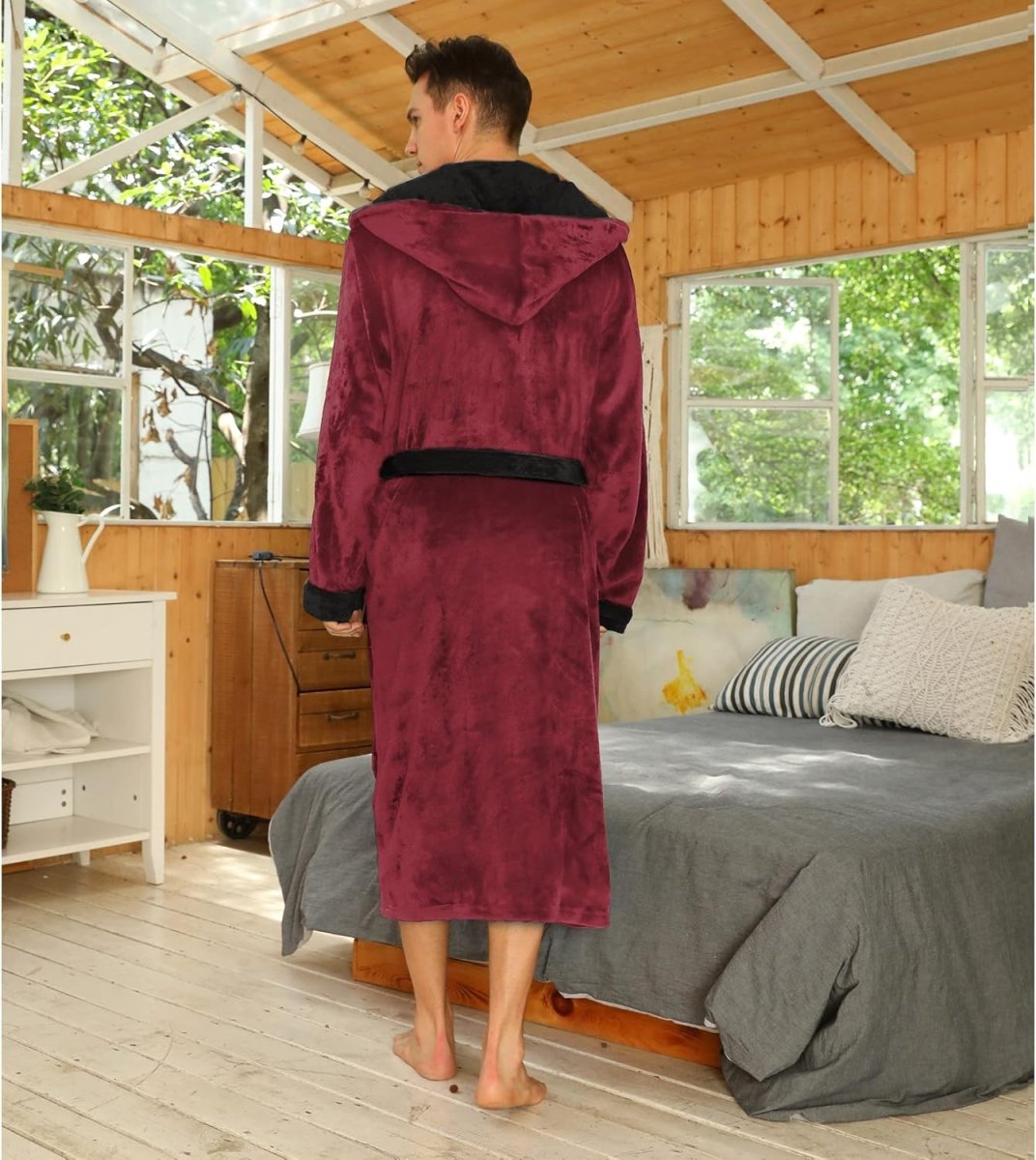 Men's Fleece Robe with Hood – Soft Two-Tone Hooded Bathrobe with Pockets & Belt, Machine Washable, S–3XL – Calico — photo 15