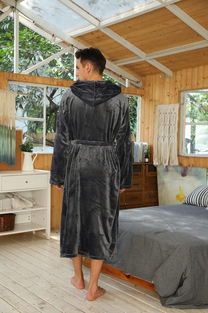 Men's Fleece Robe with Hood – Soft Two-Tone Hooded Bathrobe with Pockets & Belt, Machine Washable, S–3XL – Calico — photo 36