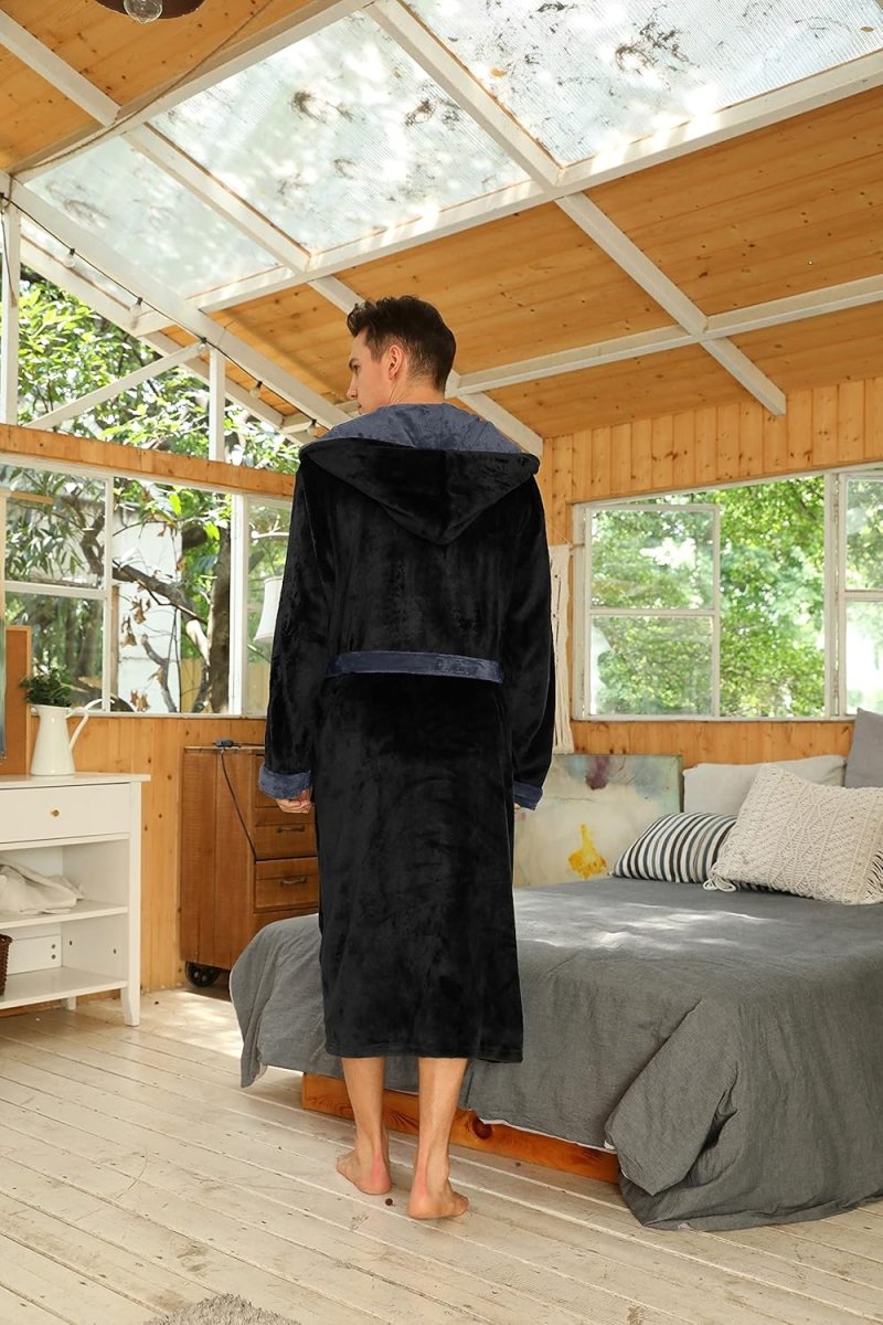 Men's Fleece Robe with Hood – Soft Two-Tone Hooded Bathrobe with Pockets & Belt, Machine Washable, S–3XL – Calico — photo 7
