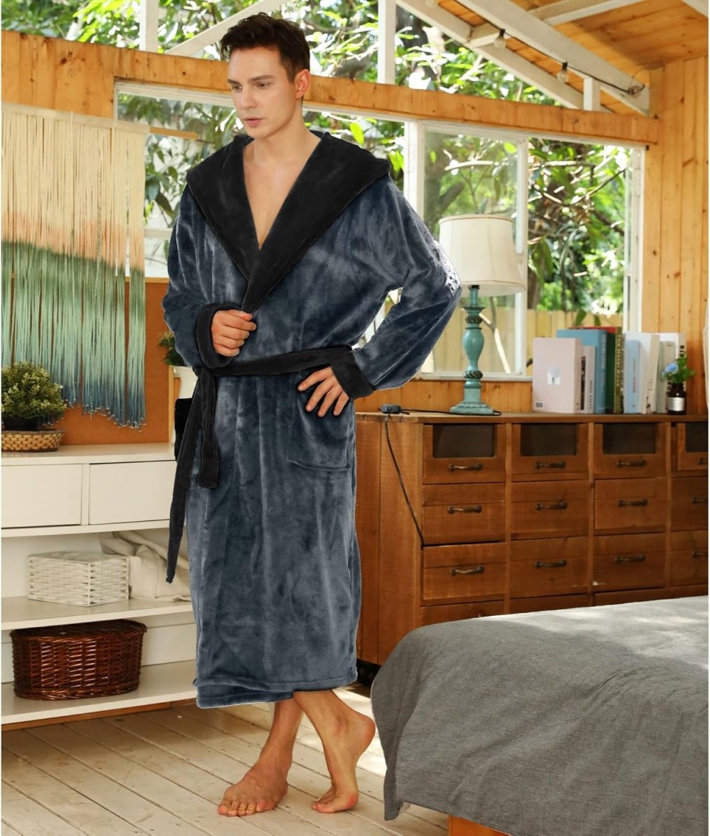 Men's Fleece Robe with Hood – Soft Two-Tone Hooded Bathrobe with Pockets & Belt, Machine Washable, S–3XL – Calico — photo 31