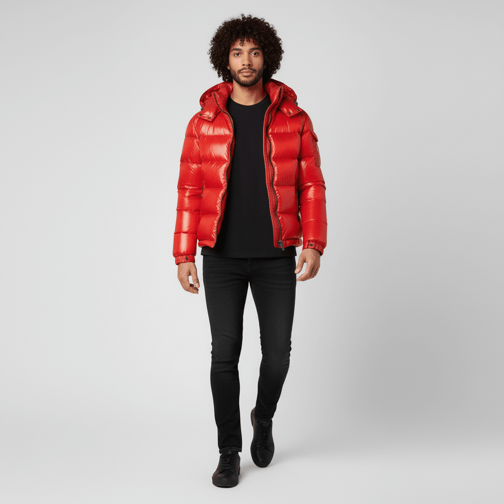 Men's Quilted Jacket with Hood – Shiny Winter Coat with Elastic Cuffs & Slant Pockets, Black or Red, S-6XL – Calico — photo 4