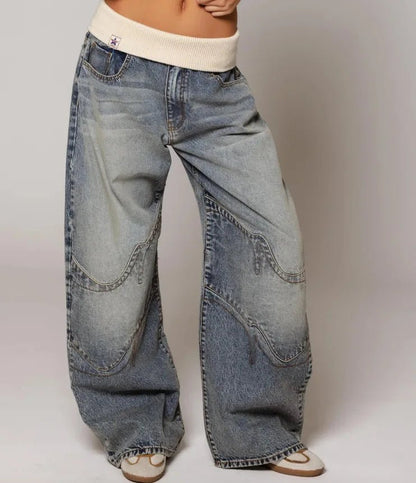 Women's Baggy Jeans with Statement Seams – Wide Leg Jeans with Ribbed Comfort Waistband, Light Blue, S–2XL – Sephira — photo 7