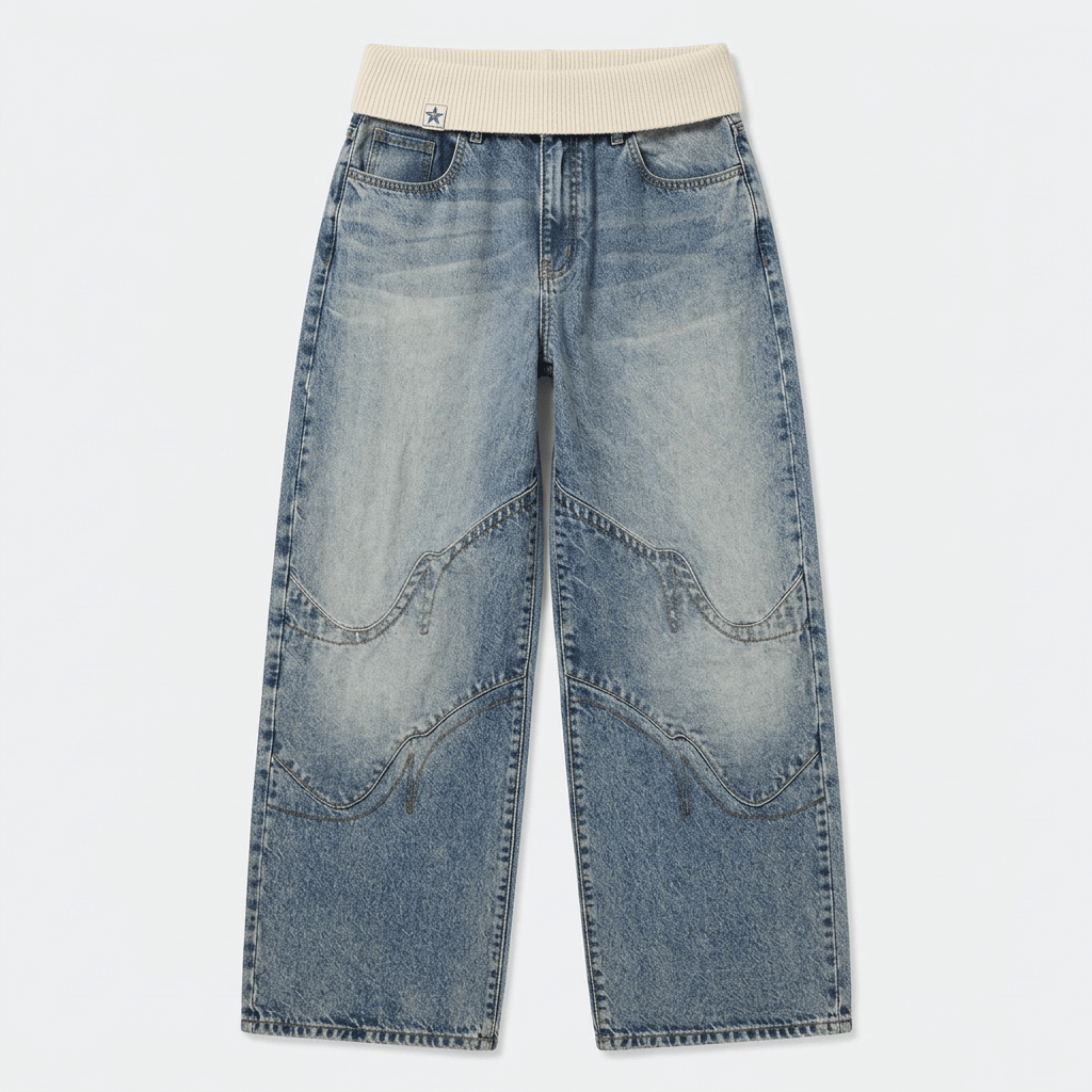 Women's Baggy Jeans with Statement Seams – Wide Leg Jeans with Ribbed Comfort Waistband, Light Blue, S–2XL – Sephira — photo 1