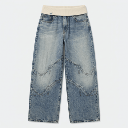 Women's Baggy Jeans with Statement Seams – Wide Leg Jeans with Ribbed Comfort Waistband, Light Blue, S–2XL – Sephira — photo 1