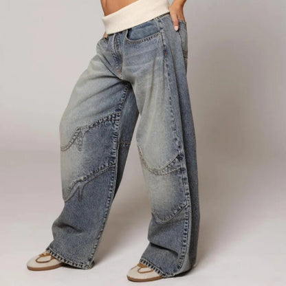 Women's Baggy Jeans with Statement Seams – Wide Leg Jeans with Ribbed Comfort Waistband, Light Blue, S–2XL – Sephira — photo 3
