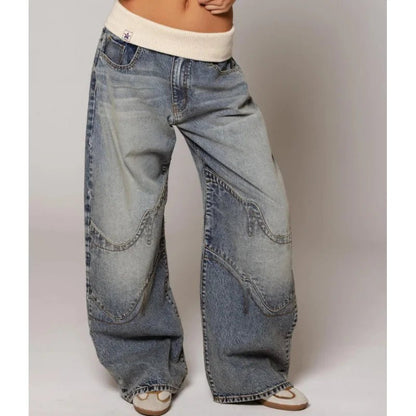 Women's Baggy Jeans with Statement Seams – Wide Leg Jeans with Ribbed Comfort Waistband, Light Blue, S–2XL – Sephira — photo 2