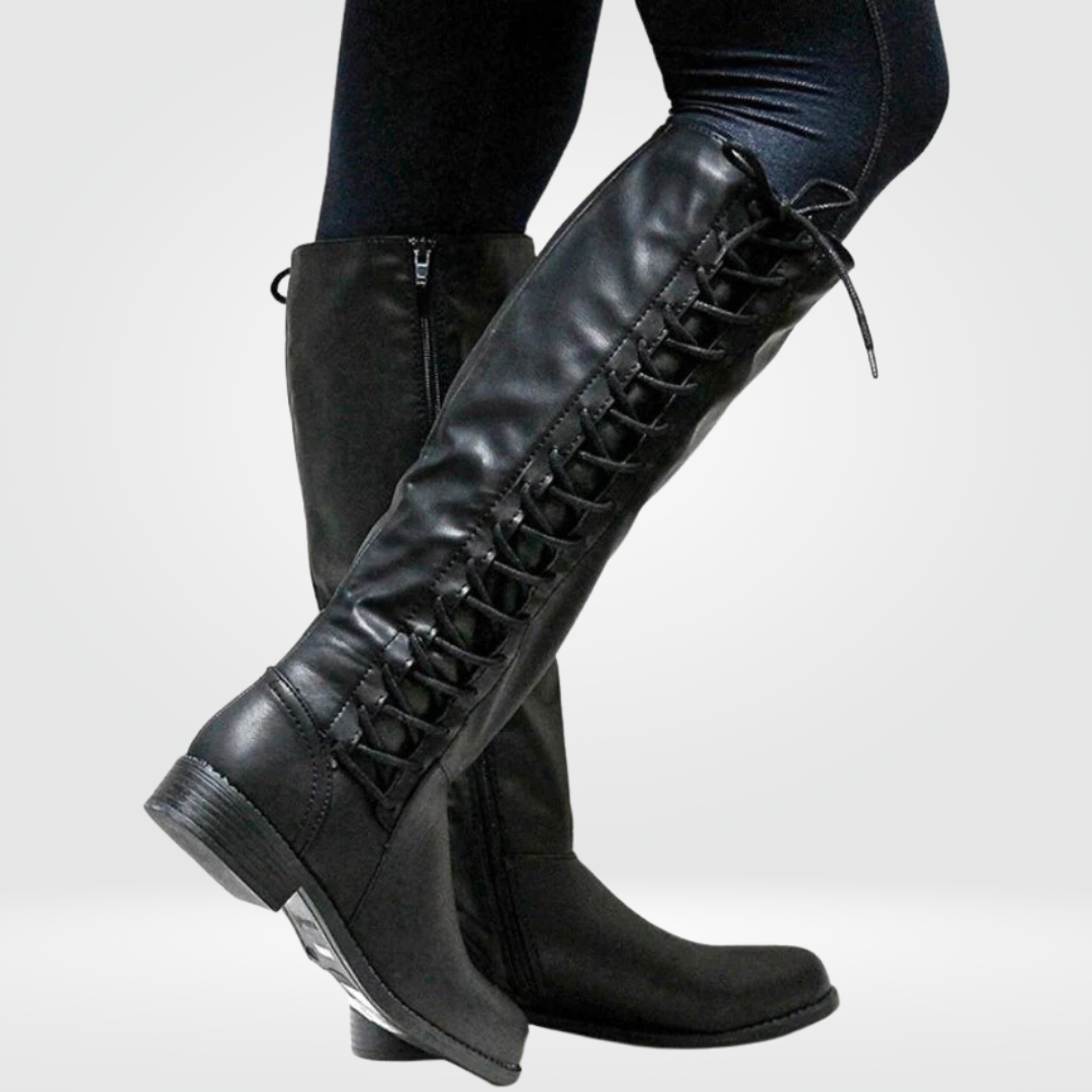 Lace Up Low Heel Leather Zip Riding Knee High Boots — photo 1