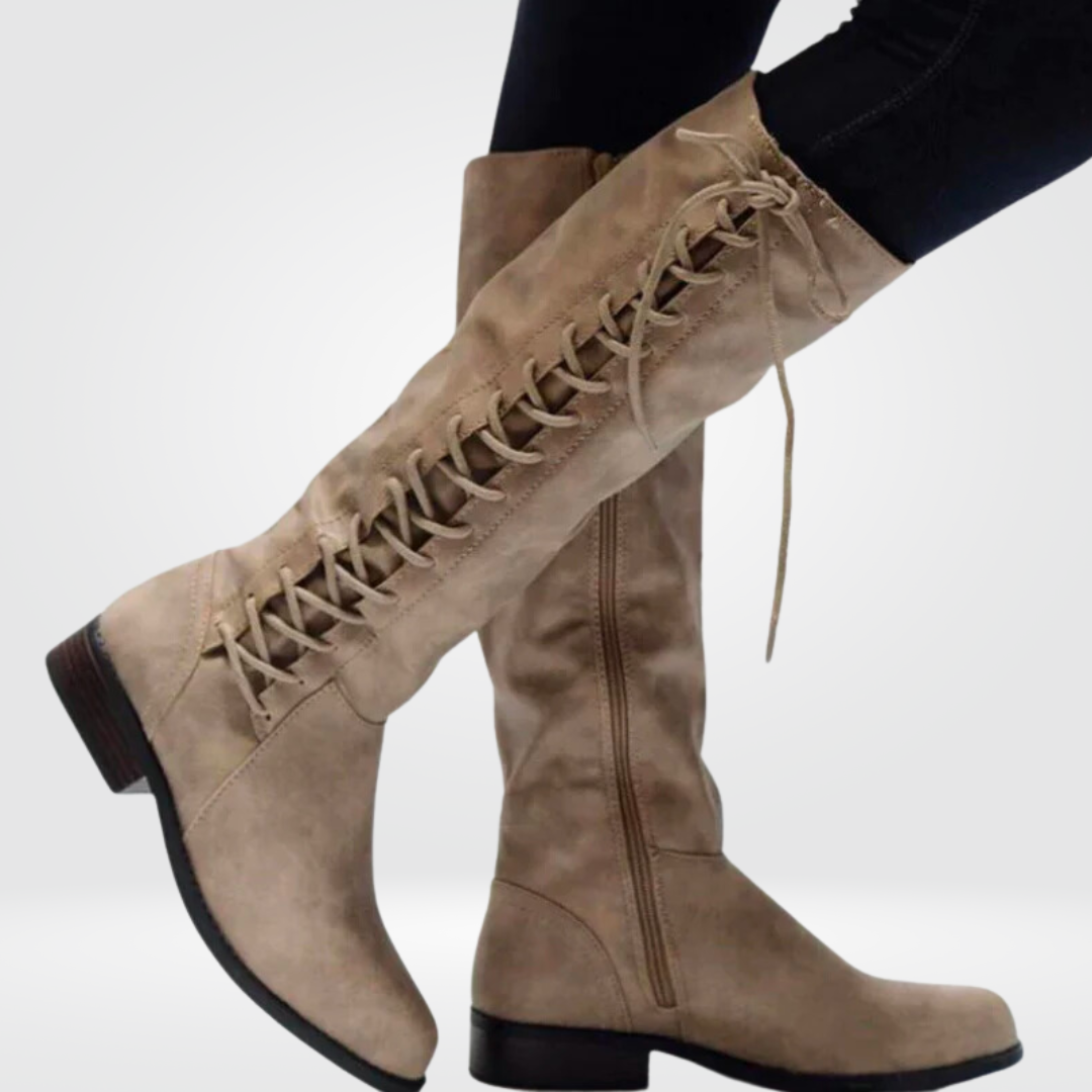 Lace Up Low Heel Leather Zip Riding Knee High Boots — photo 2