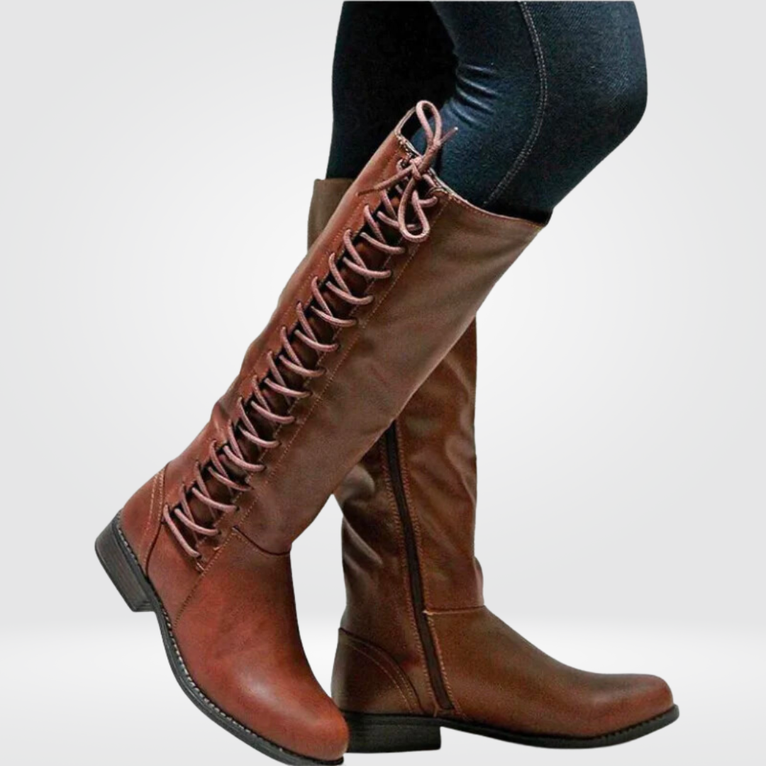 Lace Up Low Heel Leather Zip Riding Knee High Boots — photo 3