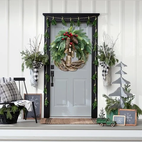 Farmhouse Christmas Wreath Boho Rustic Vine Wreath with Pinecones Berries and Golden Bells 17 Inch — photo 12