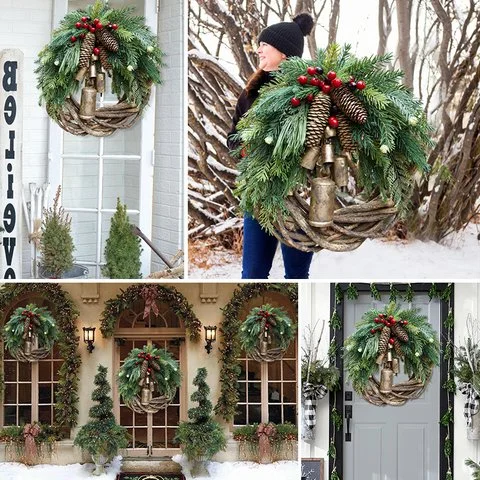 Farmhouse Christmas Wreath Boho Rustic Vine Wreath with Pinecones Berries and Golden Bells 17 Inch — photo 13