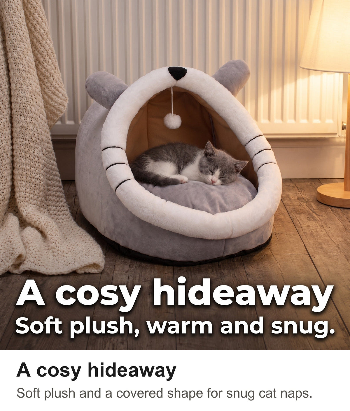 Cat Cave Bed - Cat Igloo Bed with Ears, Cosy Covered Cat Bed — photo 3