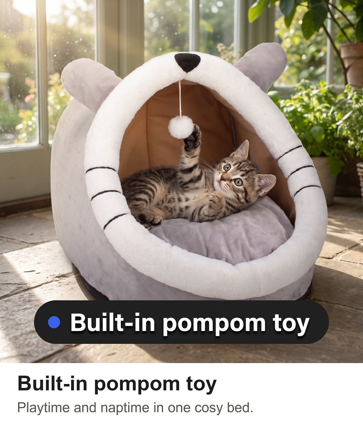 Cat Cave Bed - Cat Igloo Bed with Ears, Cosy Covered Cat Bed — photo 5