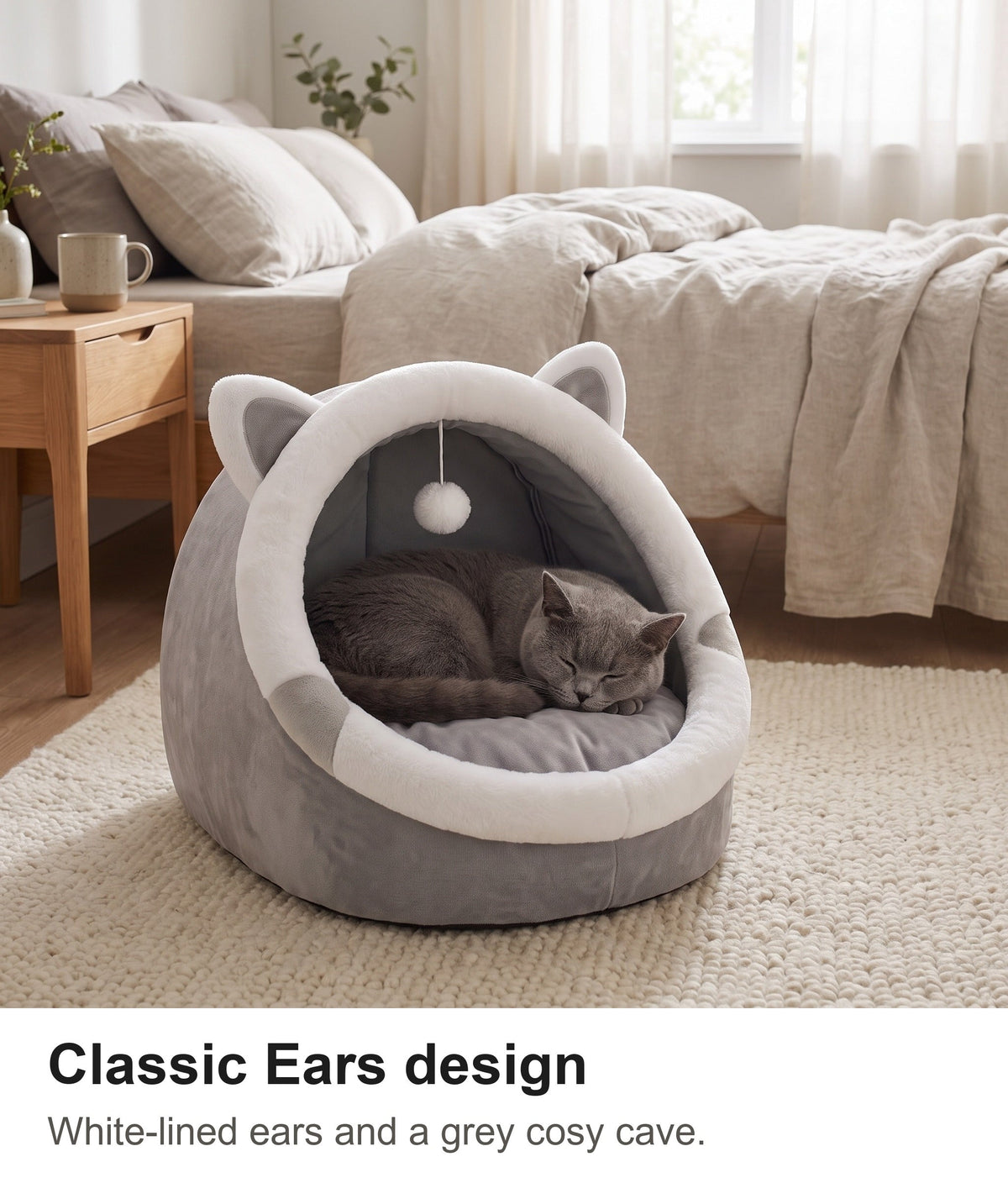 Cat Cave Bed - Cat Igloo Bed with Ears, Cosy Covered Cat Bed — photo 7