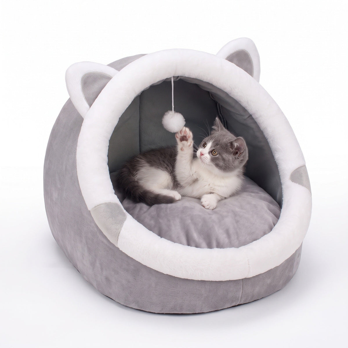 Cat Cave Bed - Cat Igloo Bed with Ears, Cosy Covered Cat Bed — photo 2