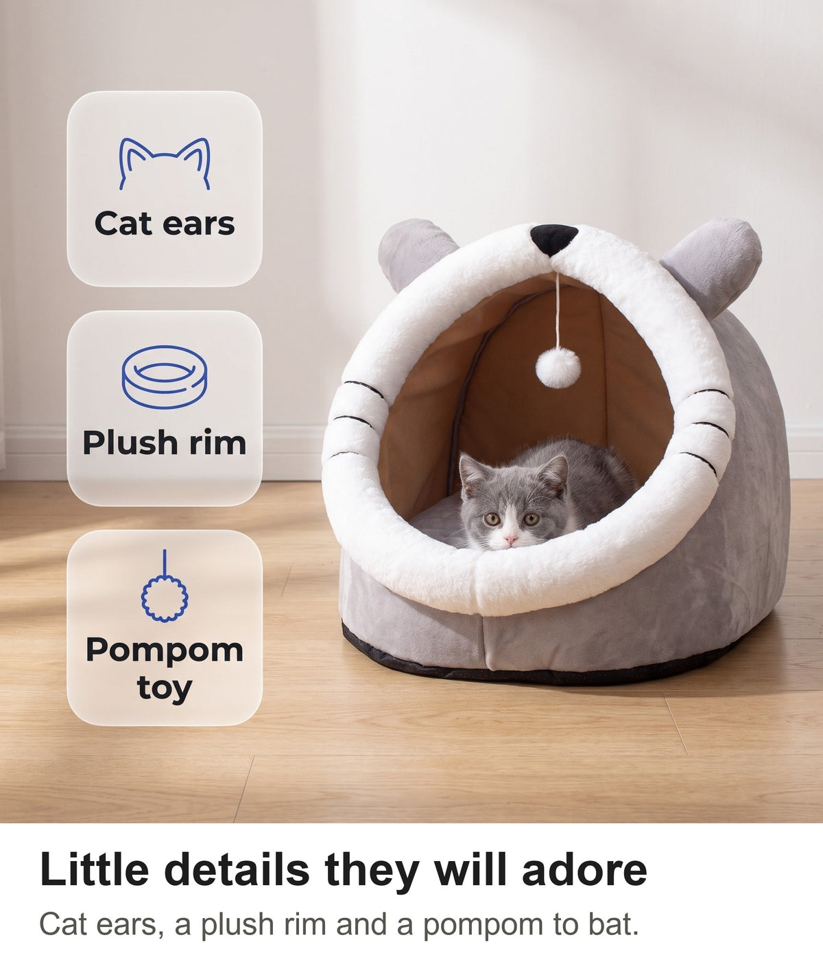 Cat Cave Bed - Cat Igloo Bed with Ears, Cosy Covered Cat Bed — photo 9