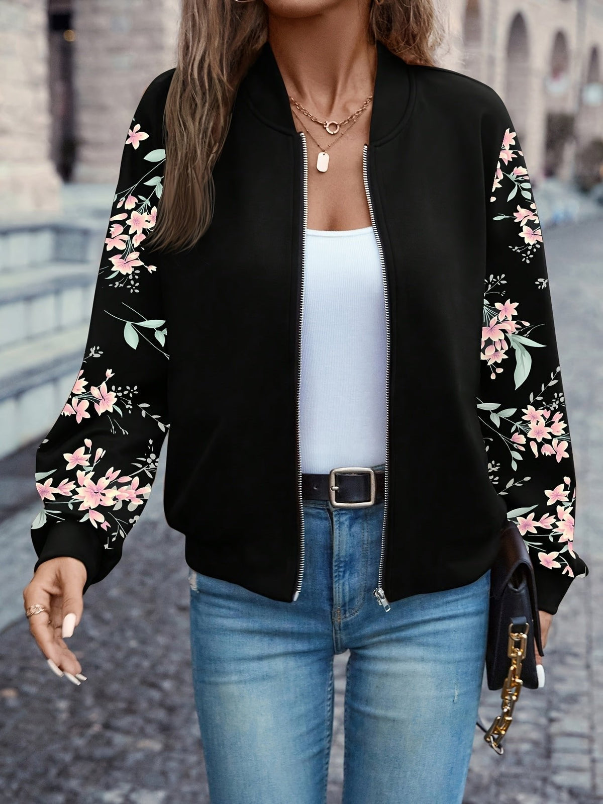 Women's Charming Floral-Sleeve Bomber Jacket — photo 2