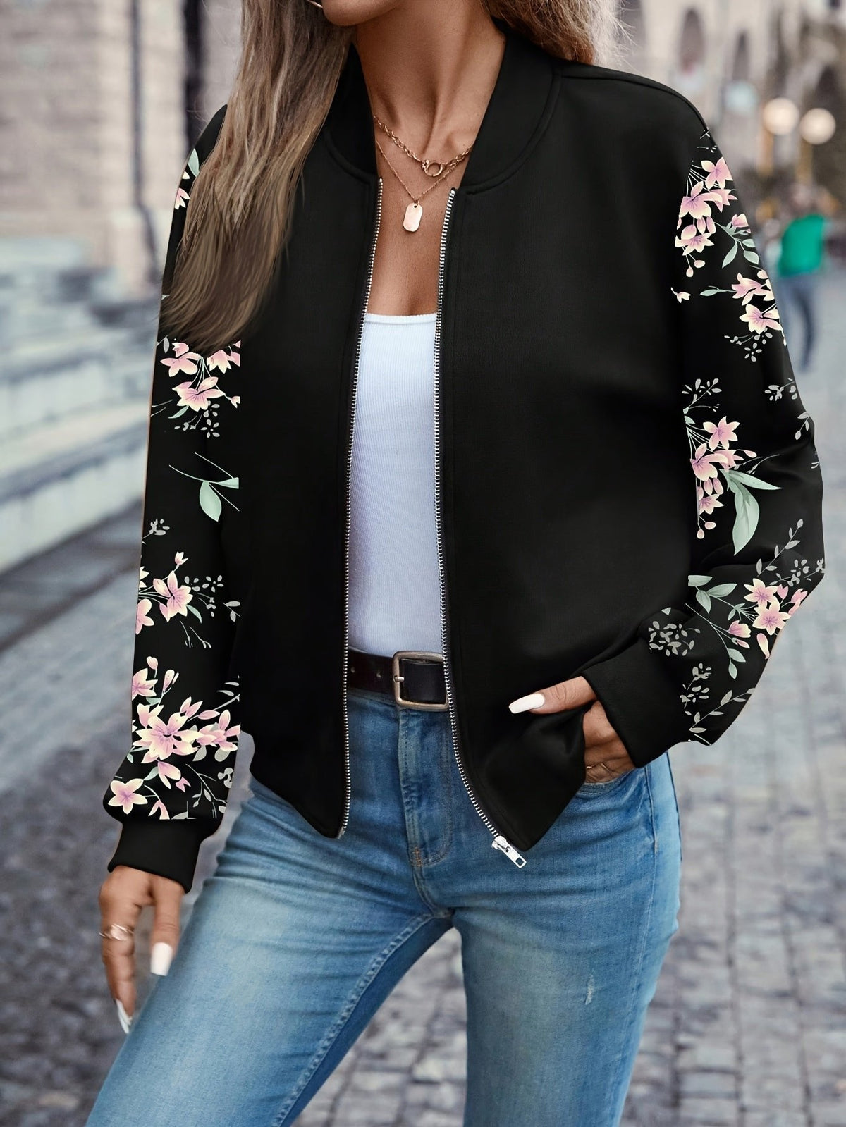 Women's Charming Floral-Sleeve Bomber Jacket — photo 4