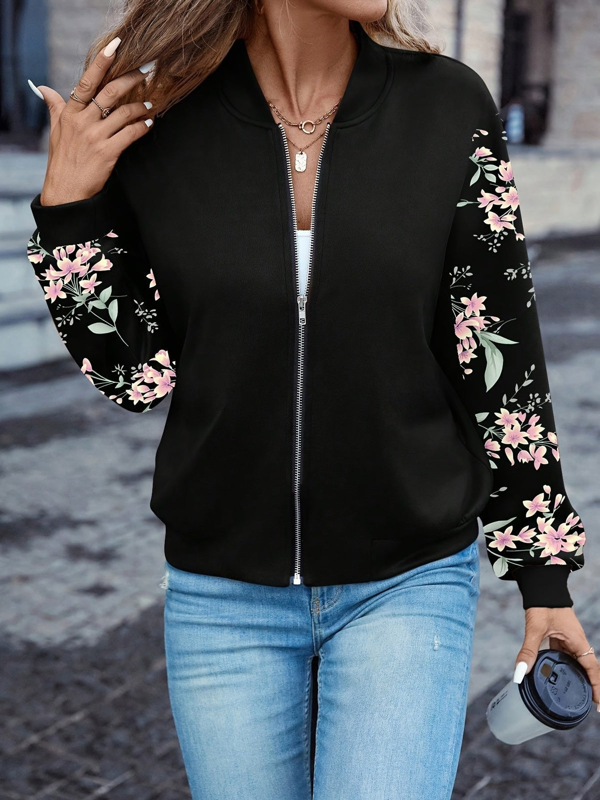 Women's Charming Floral-Sleeve Bomber Jacket — photo 1